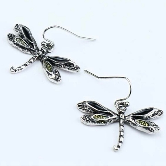 “Dragonfly” Firefly Silver Black & Green Iridescent Glitter Winged Insect Dangle - Picture 2 of 16